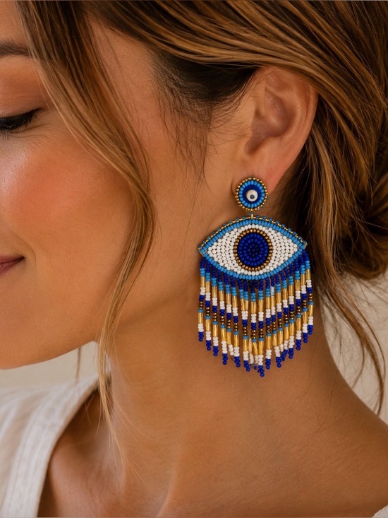 Bali Queen Jewelry - NEW BALU QUEEN Evil Eye Beaded Earrings - Blue and Gold